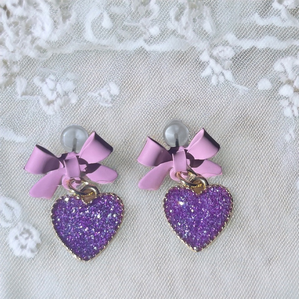 1 pair Purple Shimmering Heart-shaped Stud Earrings With 3D Bows Dangle Earrings
